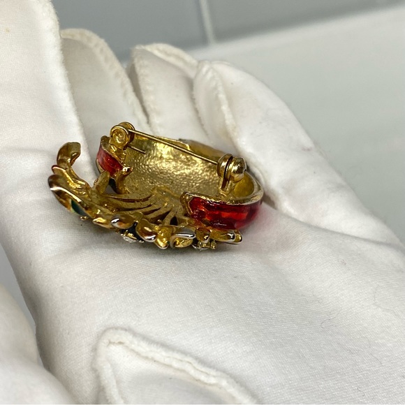 VTG 1940s BROOCH GOLD TONE RED/GREEN ENAMELED FLOWER BASKET W/ PAVED RHINESTONES - Picture 8 of 11